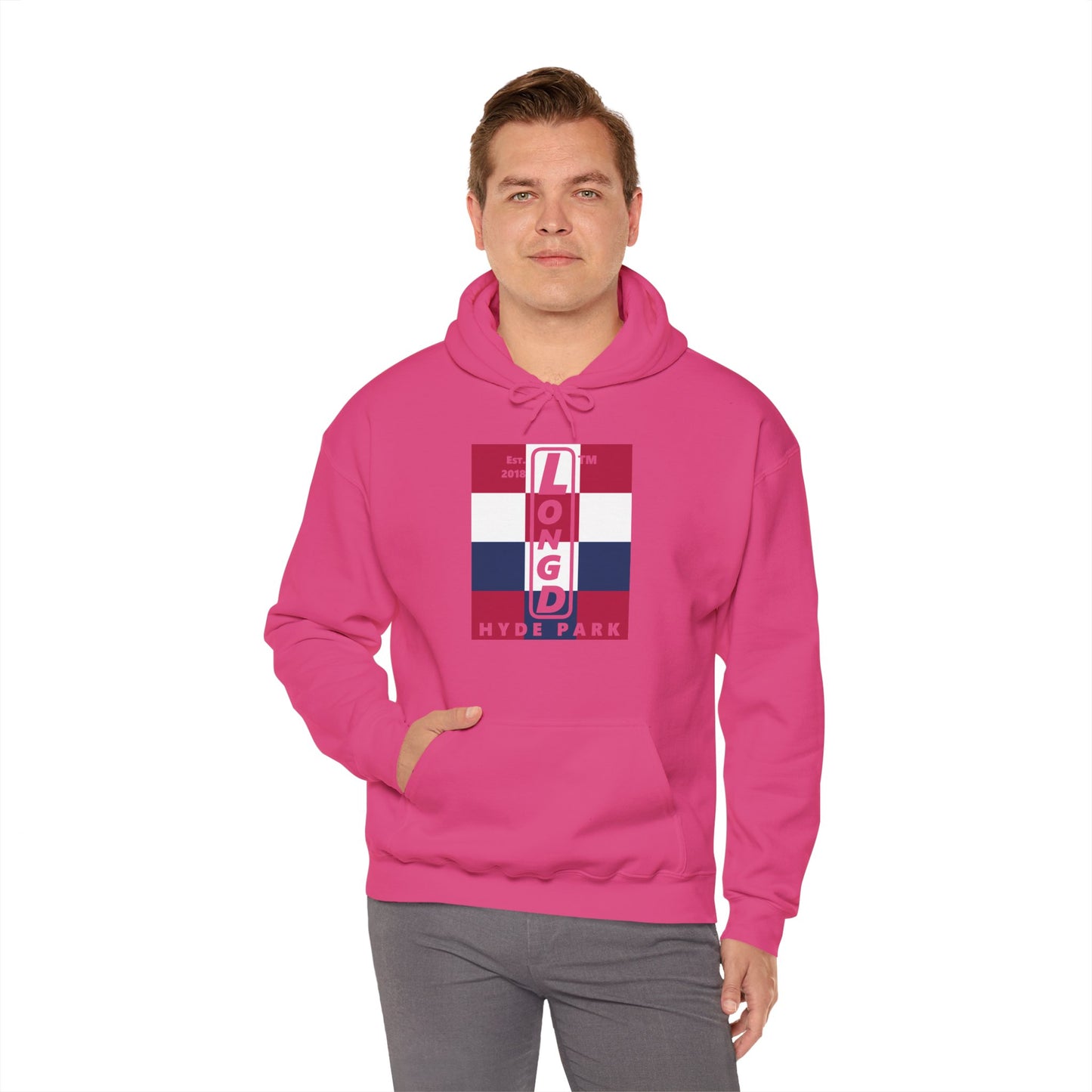 LongD® negative 4x3 upright Hyde Park logo hoodie (Patriotic colors)
