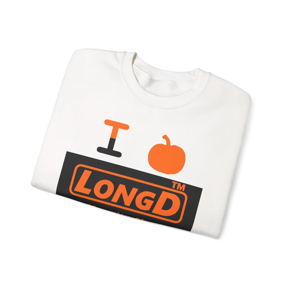 I pumpkin LongD Tag-domain logo positive orange on negative black crewneck sweatshirt