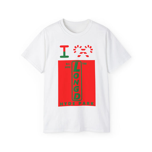 I candy cane LongD Hyde Park upright logo positive green on negative red cotton tee