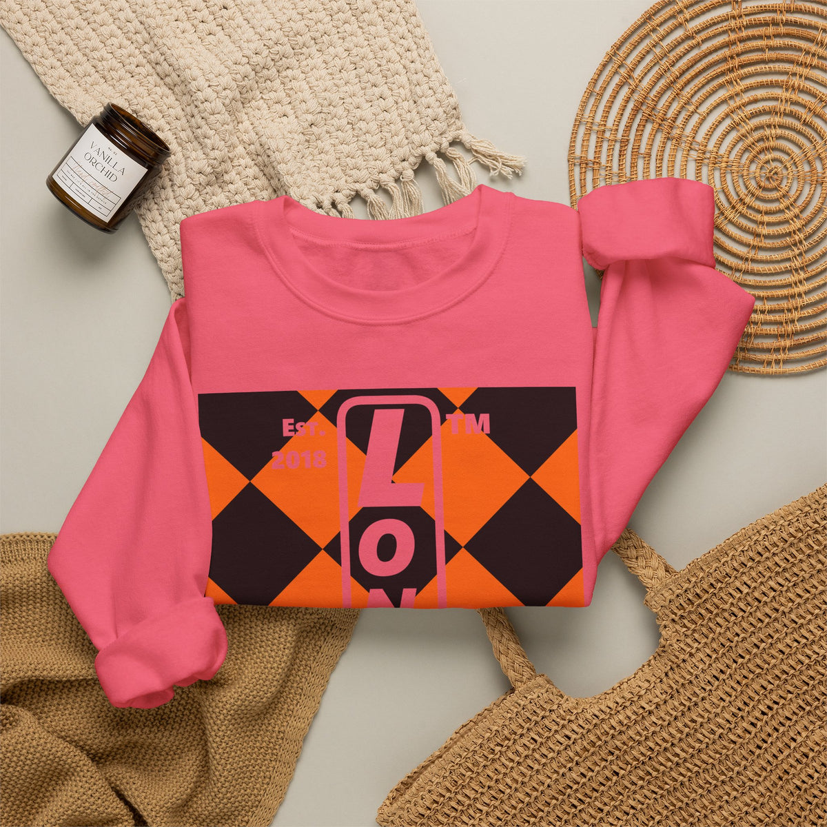 LongD Hyde Park negative upright argyle logo (Halloween colors) crewneck sweatshirt
