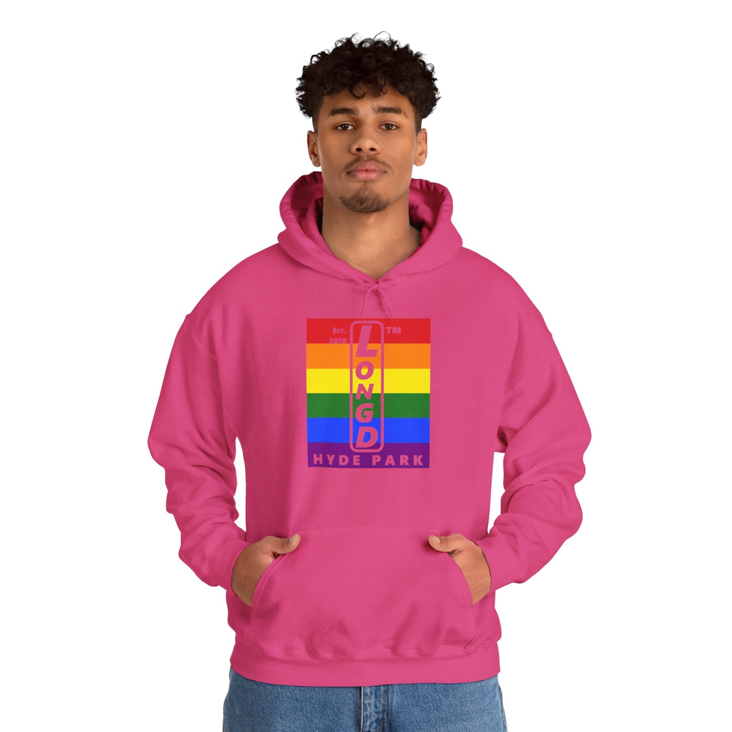 LongD® negative horizontal 6-striped upright Hyde Park logo hoodie (Pride colors)