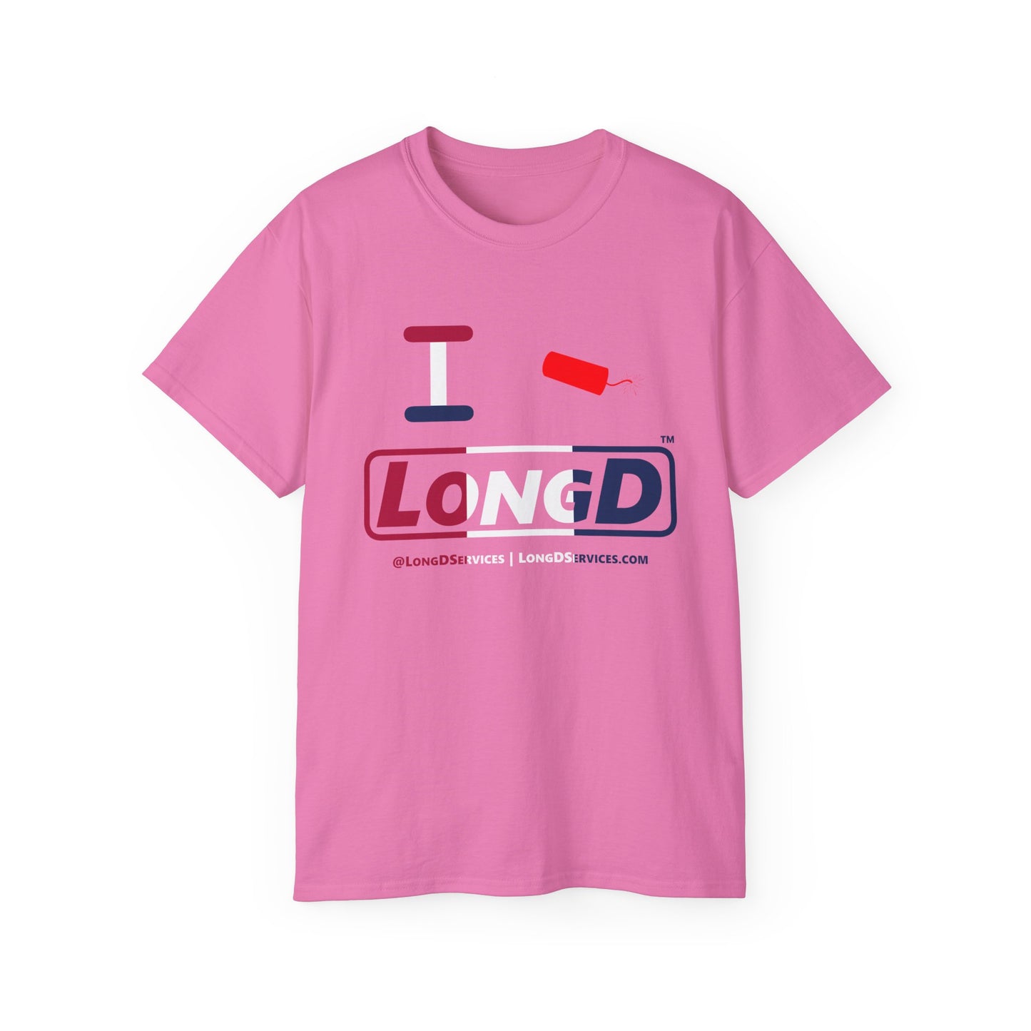 I Firecracker LongD® Logo Cotton Tee Red, White and Blue positive thirds text