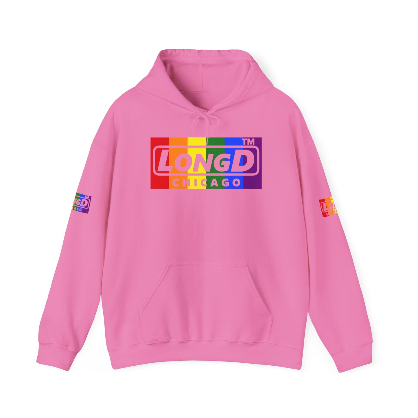 LongD® negative vertical striped 4-print Chicago logo hoodie (Pride colors)