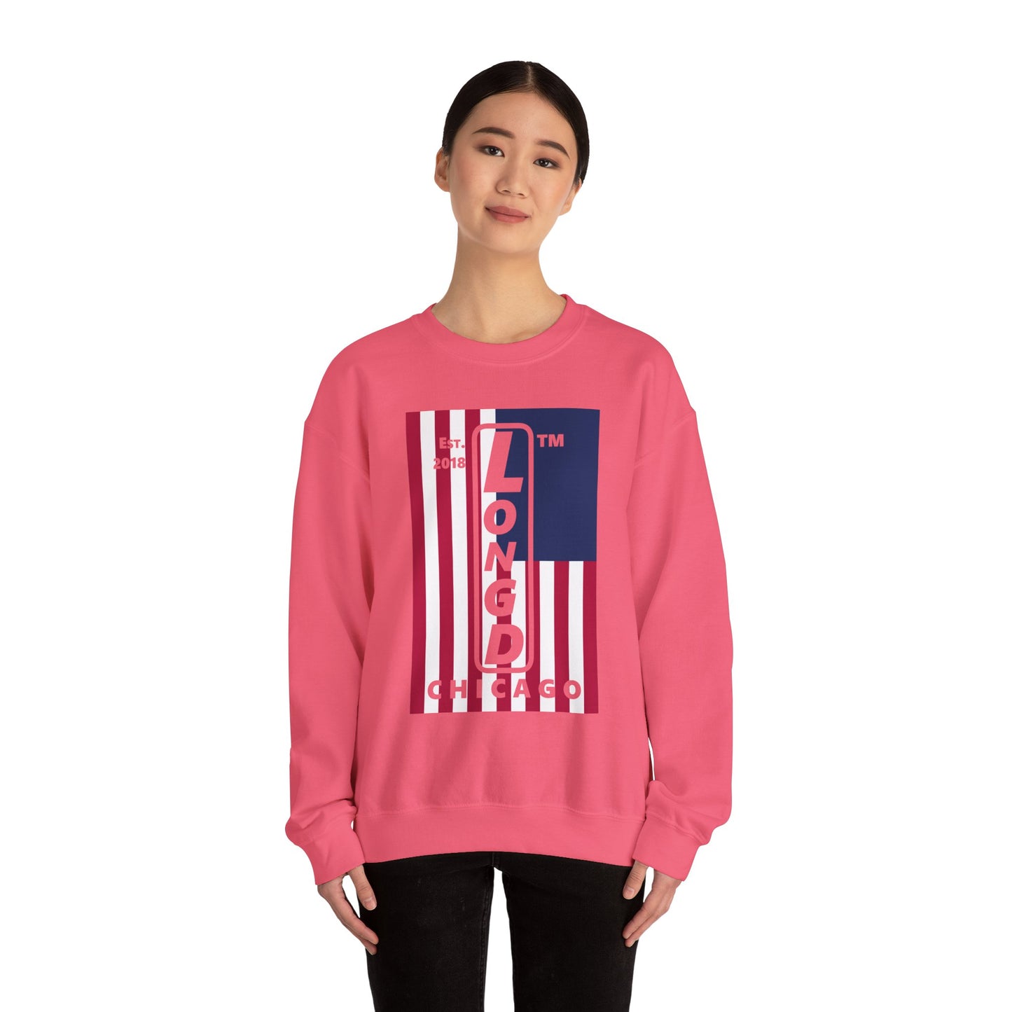 LongD negative cropped flag Chicago logo crewneck sweatshirt (patriotic colors)
