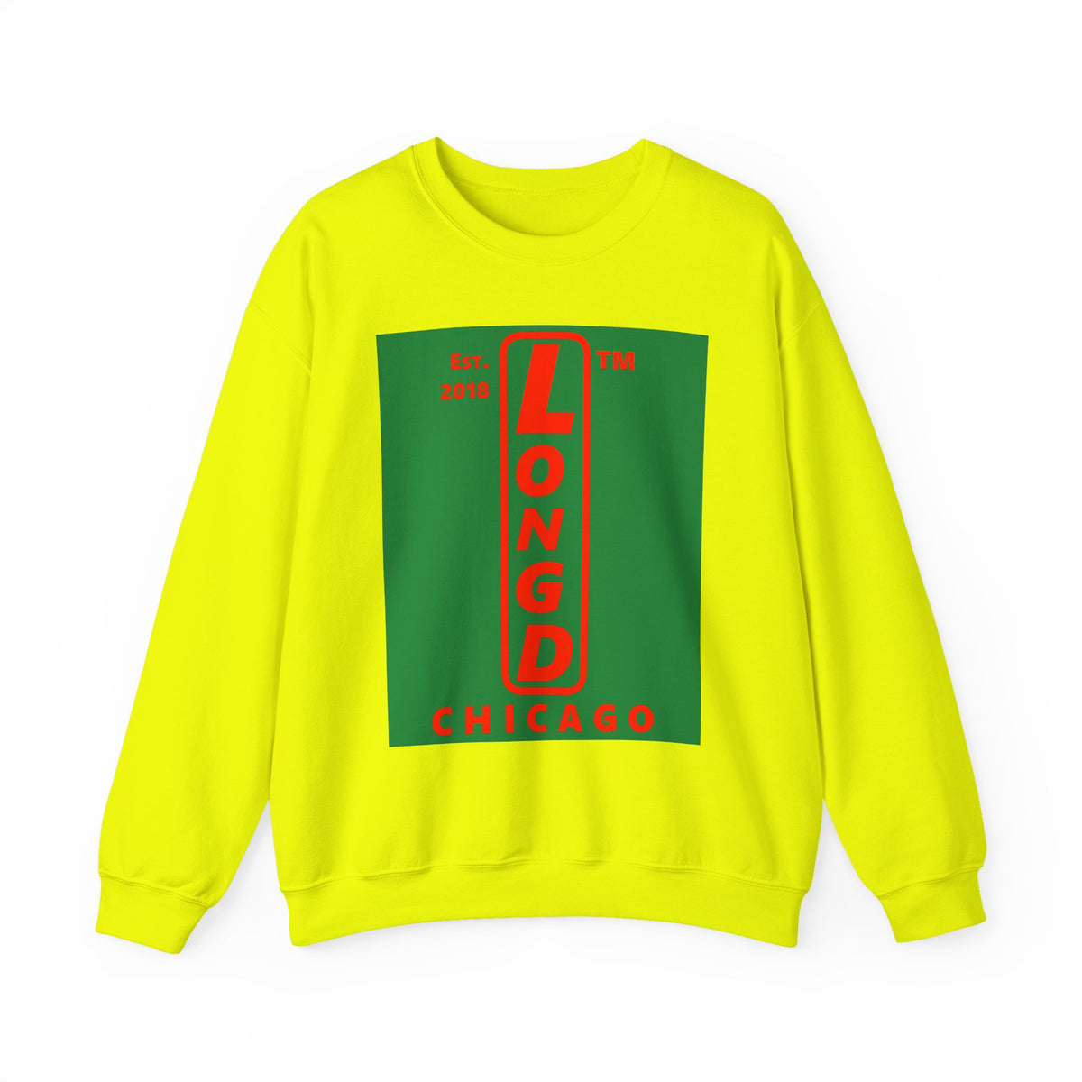 LongD Chicago upright logo positive red on negative green (Xmas colors) crewneck sweatshirt