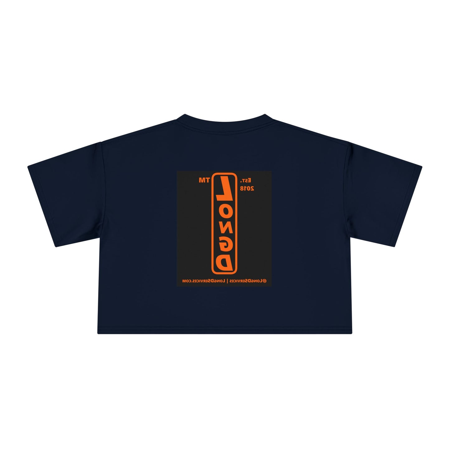 LongD Tag-domain upright front-back logo orange (FE7518) on Black (000000) crop tee