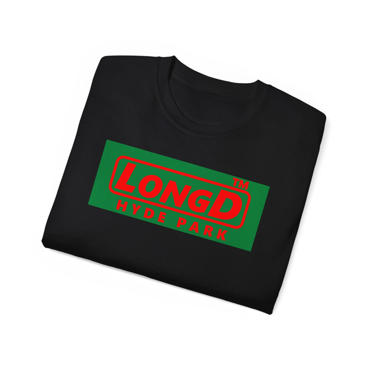 LongD Hyde Park logo positive red on negative green (Xmas colors) cotton tee