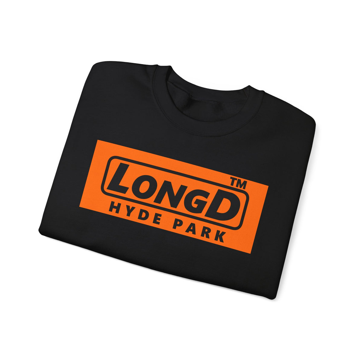 LongD Hyde Park logo Black (000000) on orange (FE7518) (Halloween colors) crewneck sweatshirt