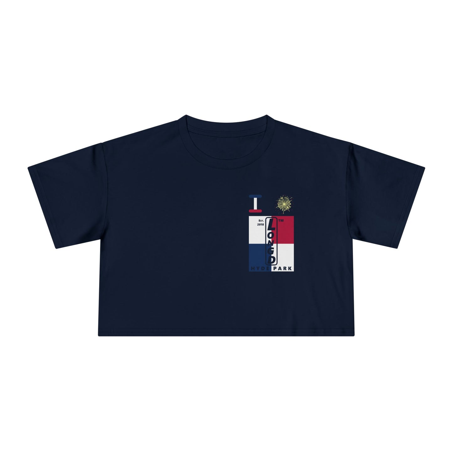 I burst LongD negative quarters upright single-breasted Hyde Park logo crop tee