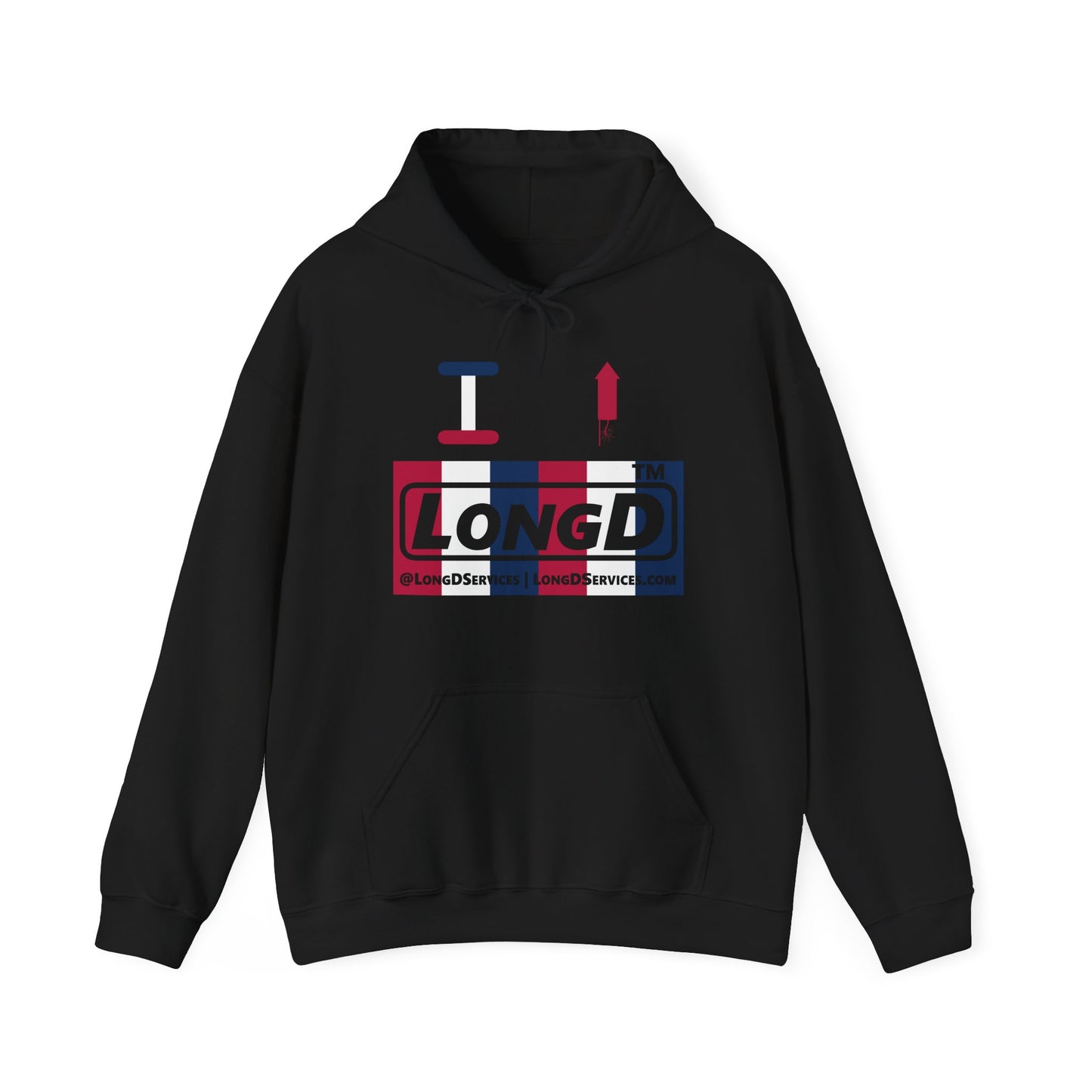 I firecracker LongD® negative vertical 6-striped tag-domain logo hoodie