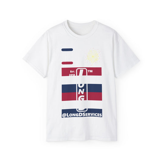 I Burst LongD cotton tee negative horizontal 6-striped tag upright logo (Patriotic colors)