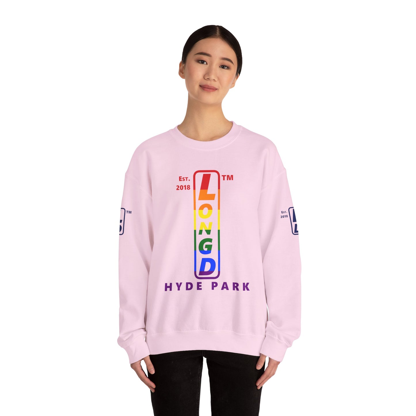 LongD positive horizontal 6-striped Hyde Park 4-print upright logo crewneck sweatshirt (Pride colors)