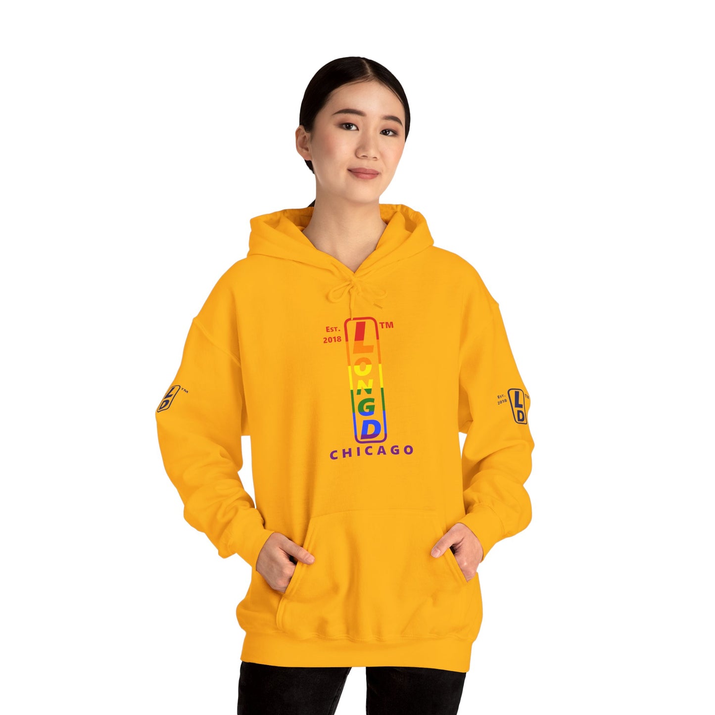 LongD® positive horizontal 6-striped Chicago 4-print upright logo hoodie (Pride colors)