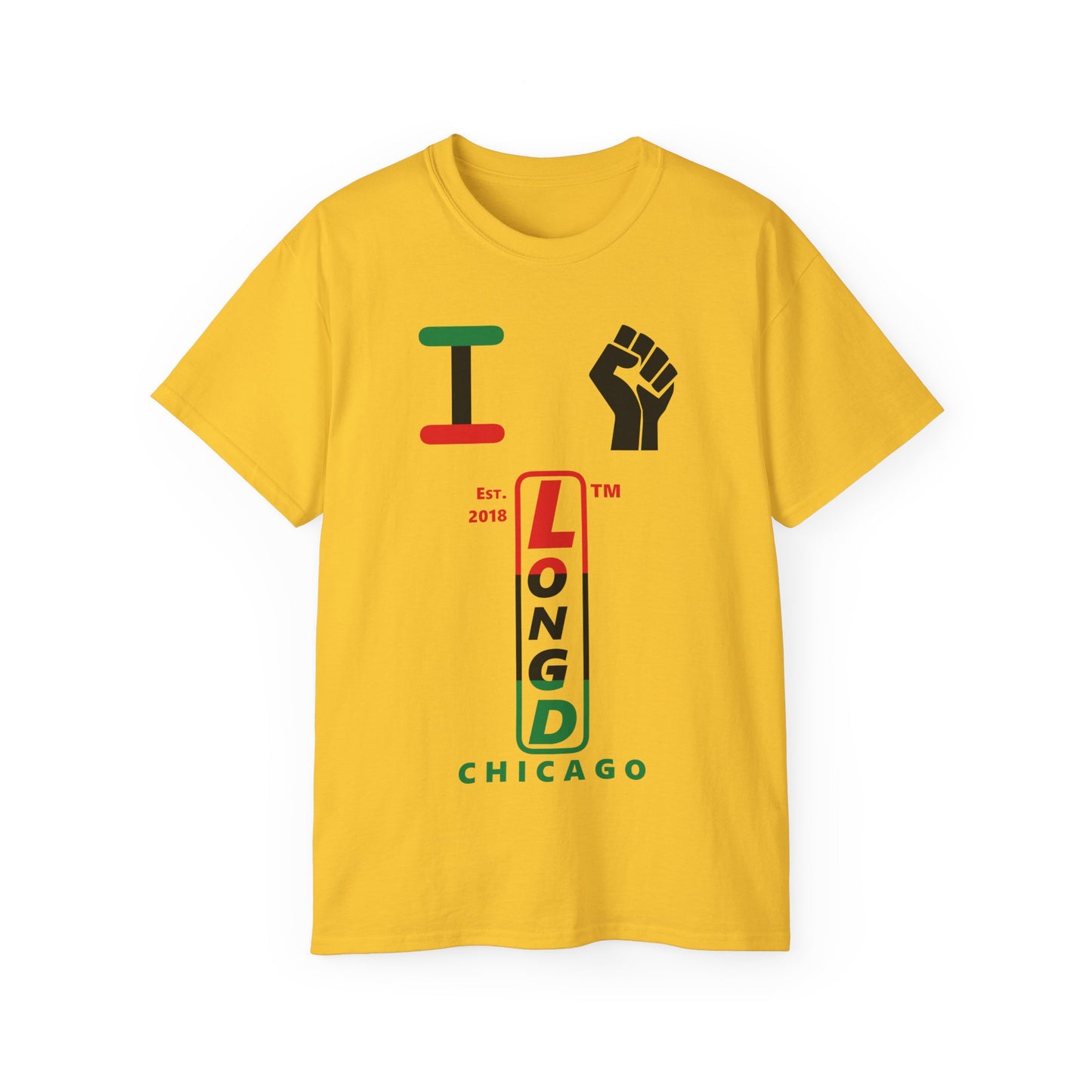 I fist LongD Cotton Tee positive horizontal striped Chicago upright logo (Juneteenth colors)