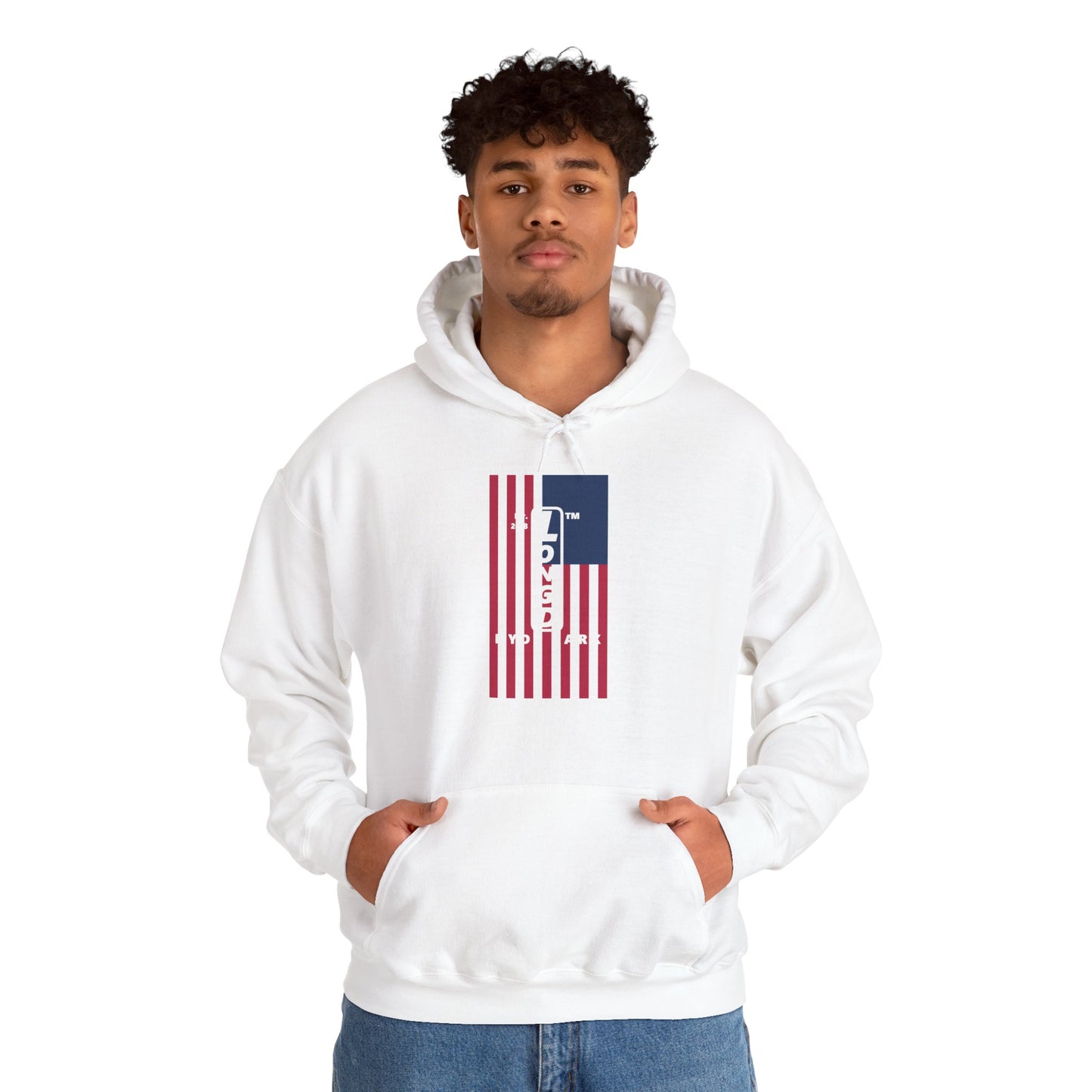 LongD® negative flag upright Hyde Park logo hoodie (Patriotic colors)