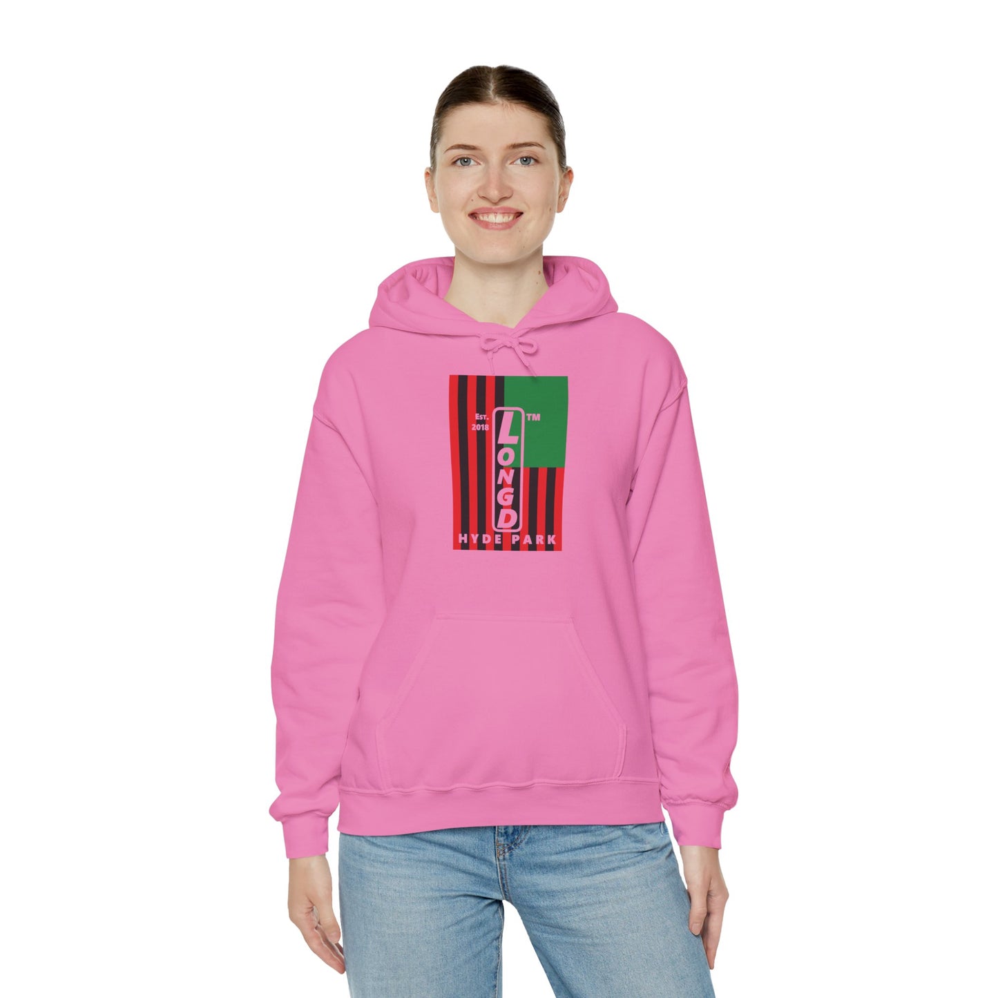 LongD® negative cropped flag upright Hyde Park logo hoodie (Juneteenth colors)