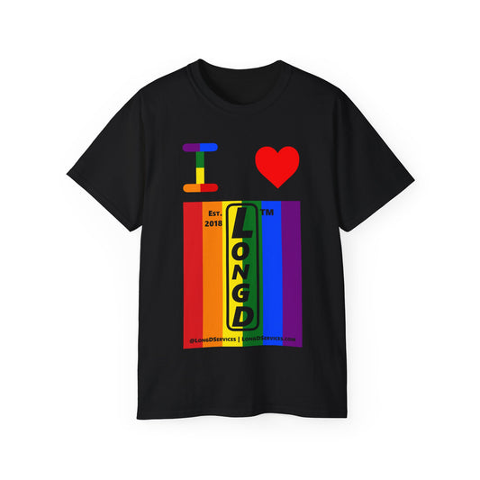 I Luv LongD Cotton Tee negative vertical striped tag-domain upright logo (Pride colors)