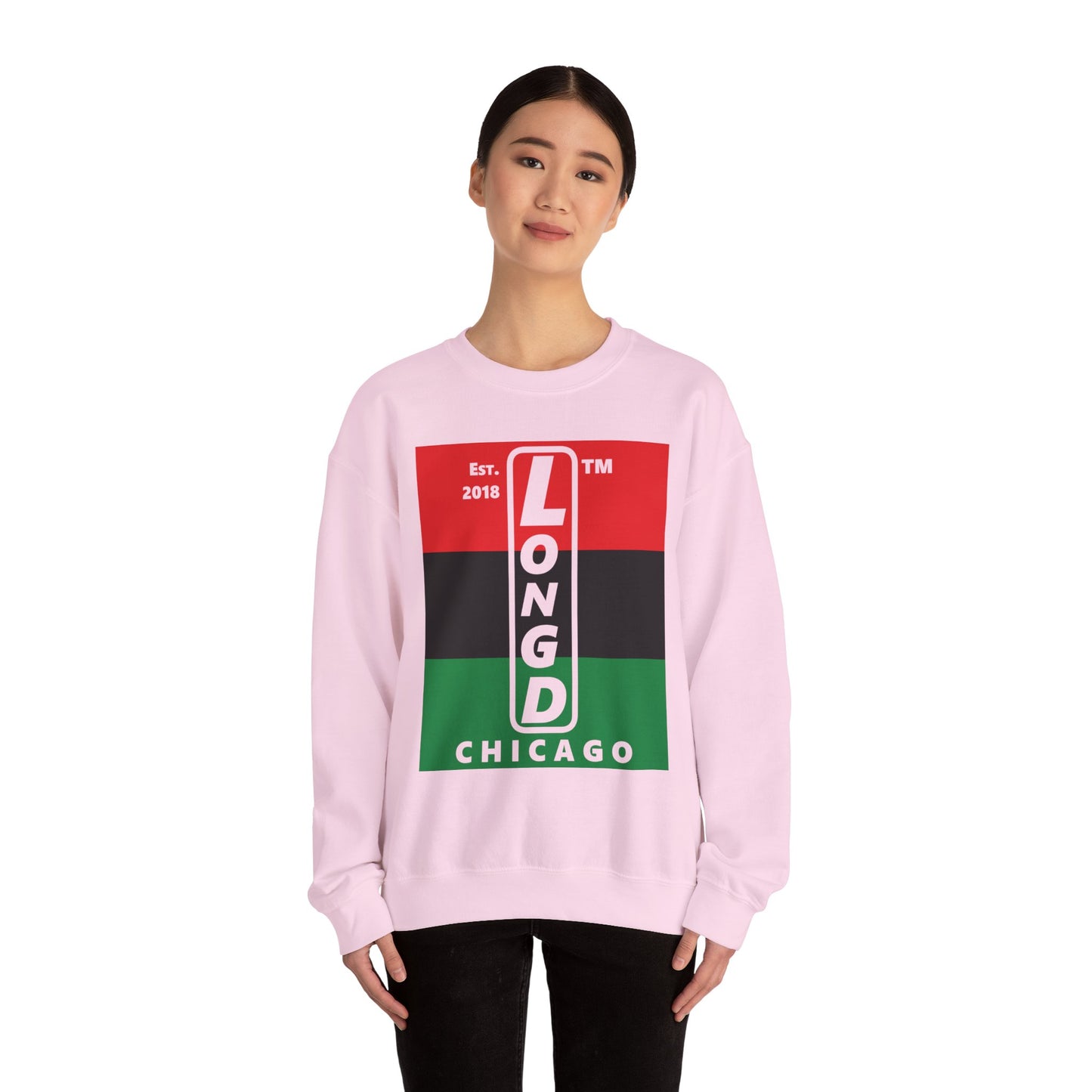 LongD negative horizontal 3-striped Chicago upright logo crewneck sweatshirt (Juneteenth colors)