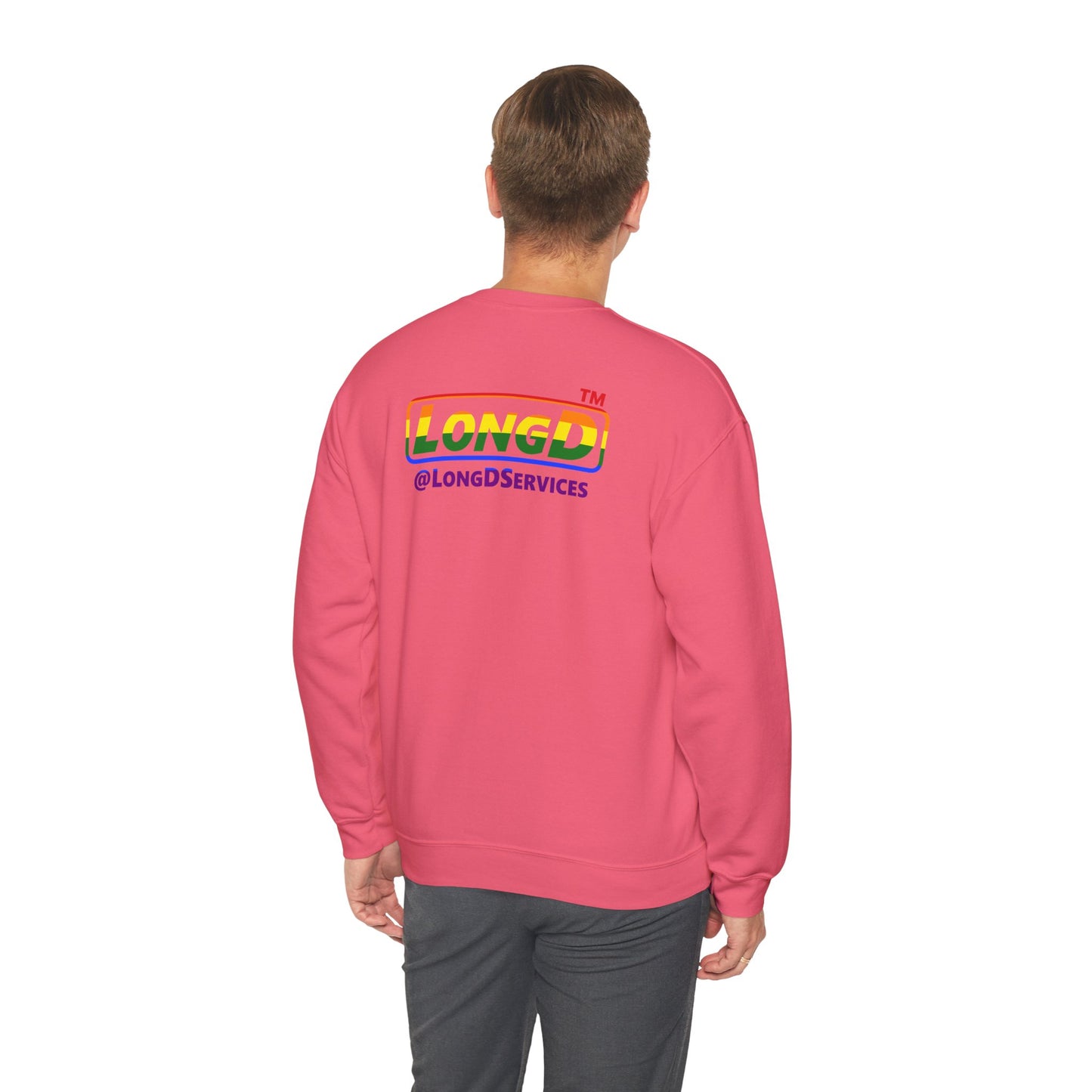 I Luv LongD positive horizontal striped front-back Hyde Park logo crewneck sweatshirt (Pride colors)
