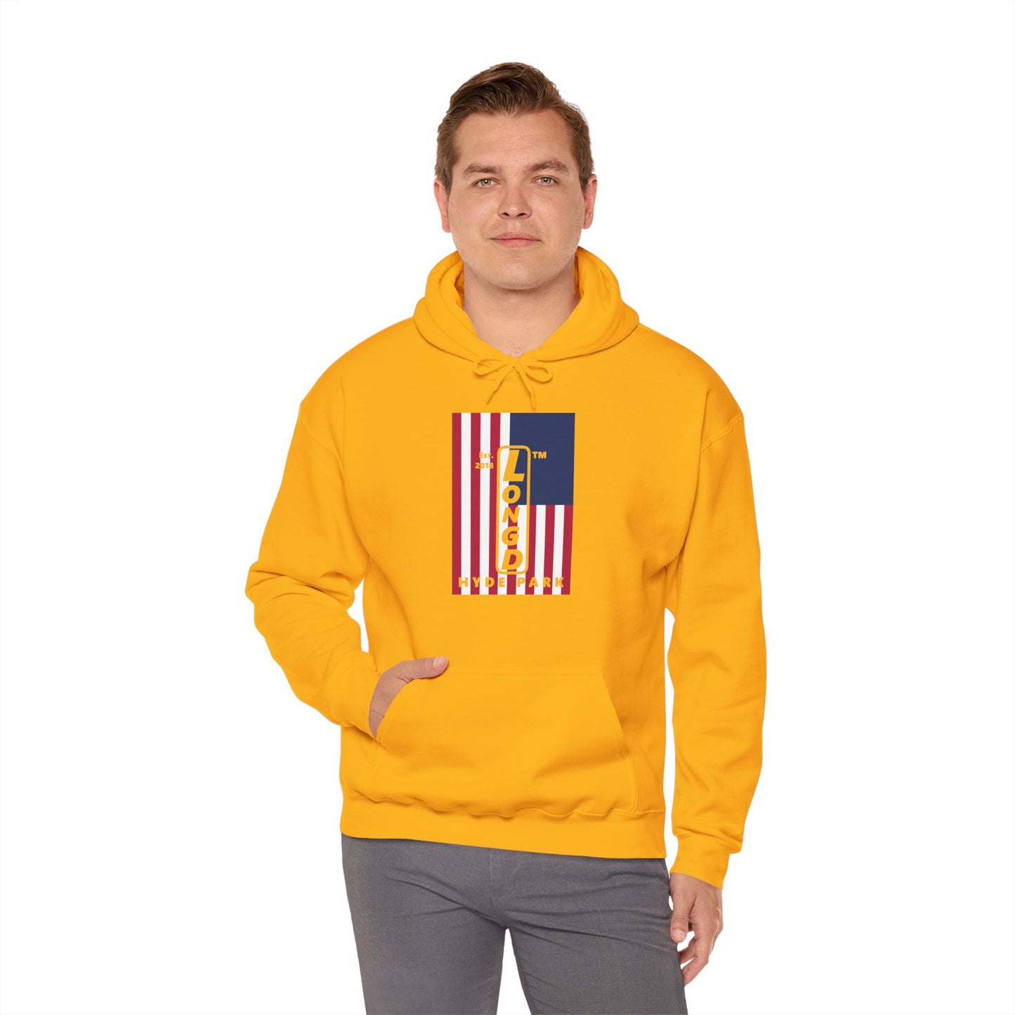 LongD® negative cropped flag upright Hyde Park logo hoodie (Patriotic colors)