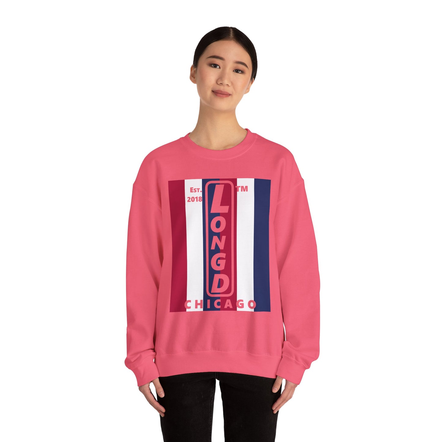 LongD negative vertical 6-striped Chicago logo crewneck sweatshirt (patriotic colors)