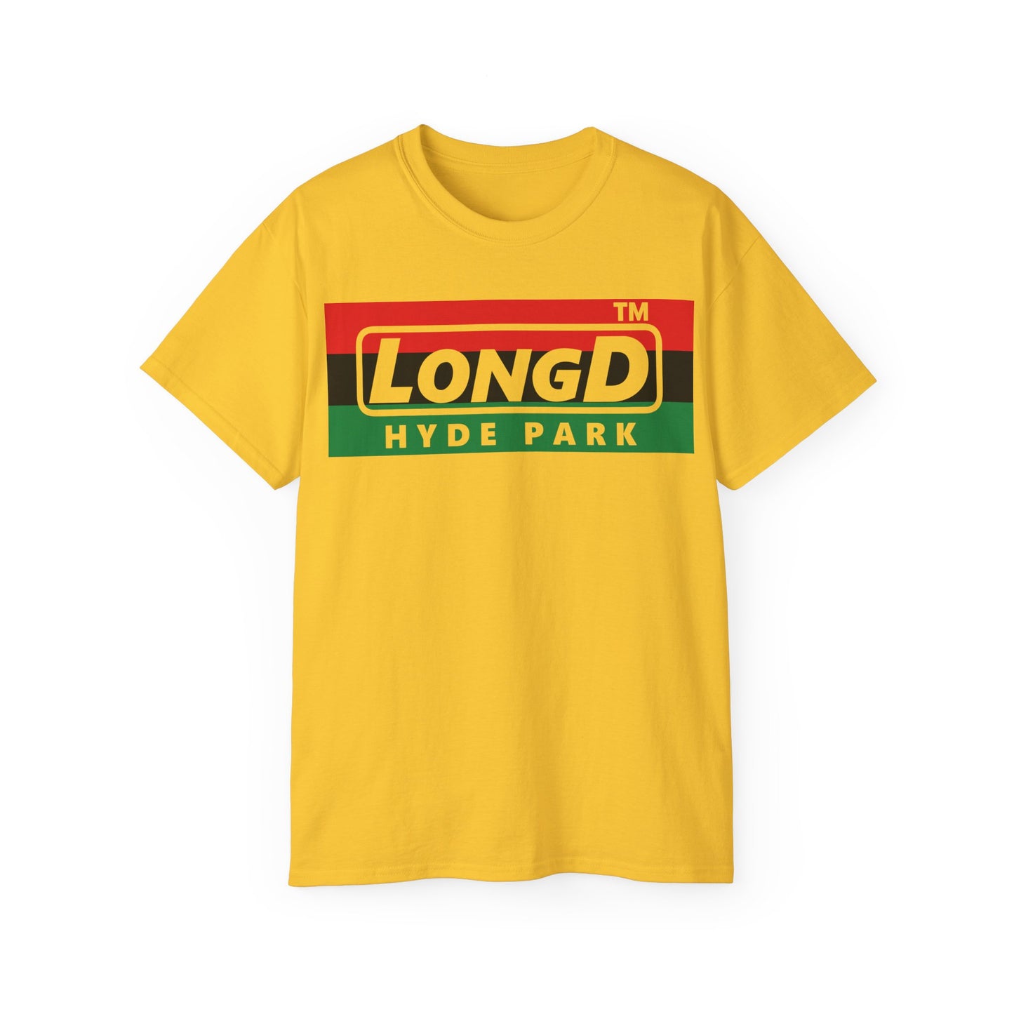 LongD negative horizontal 3-striped Hyde Park logo cotton tee (Juneteenth colors)