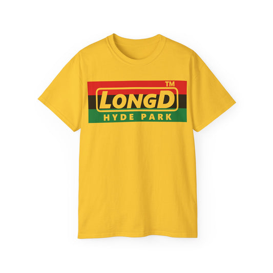 LongD negative horizontal 3-striped Hyde Park logo cotton tee (Juneteenth colors)