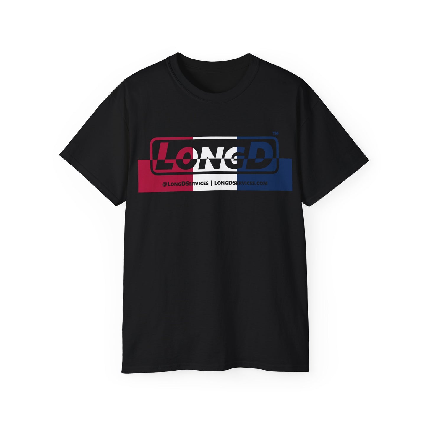 LongD® Logo Cotton Tee Red, White and Blue positive top negative bottom thirds text
