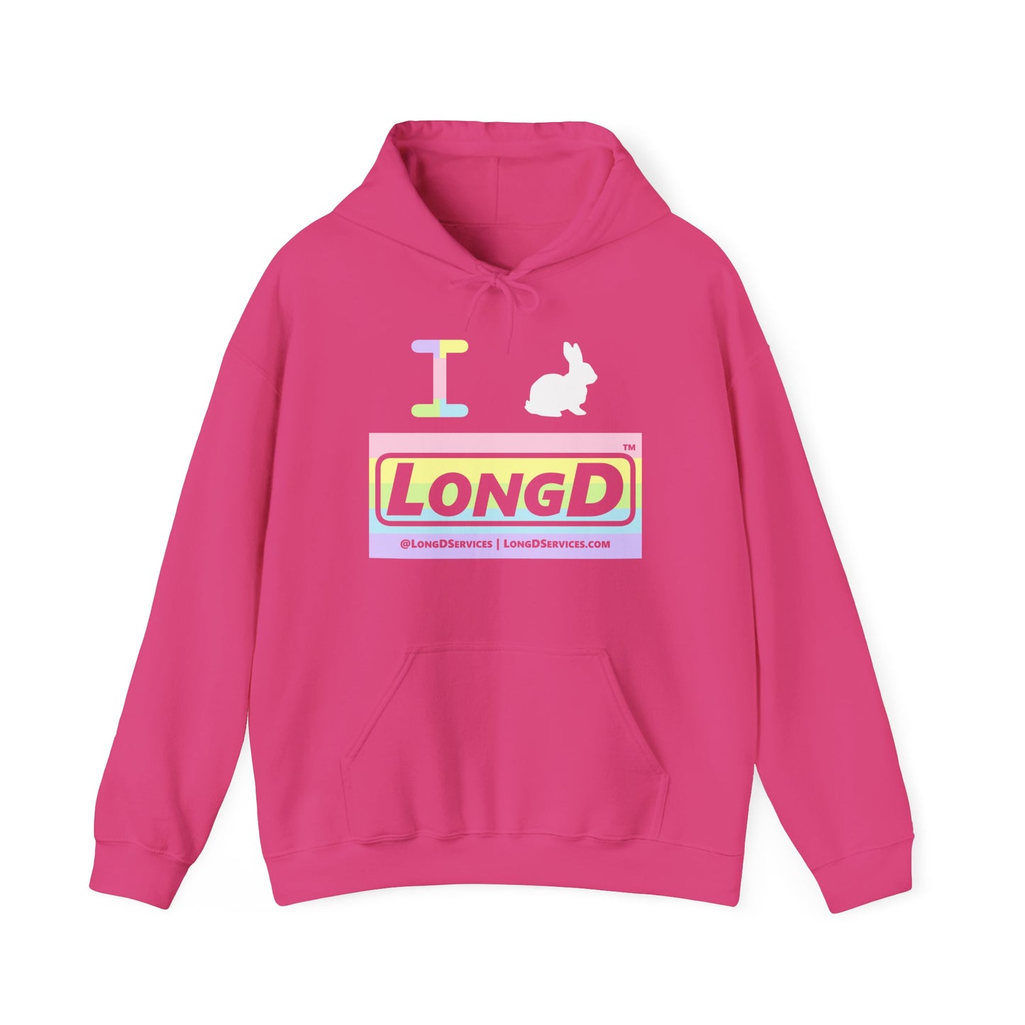 I Bunny LongD® Logo Hoodie Pastel striped negative text (White Easter Bunny)