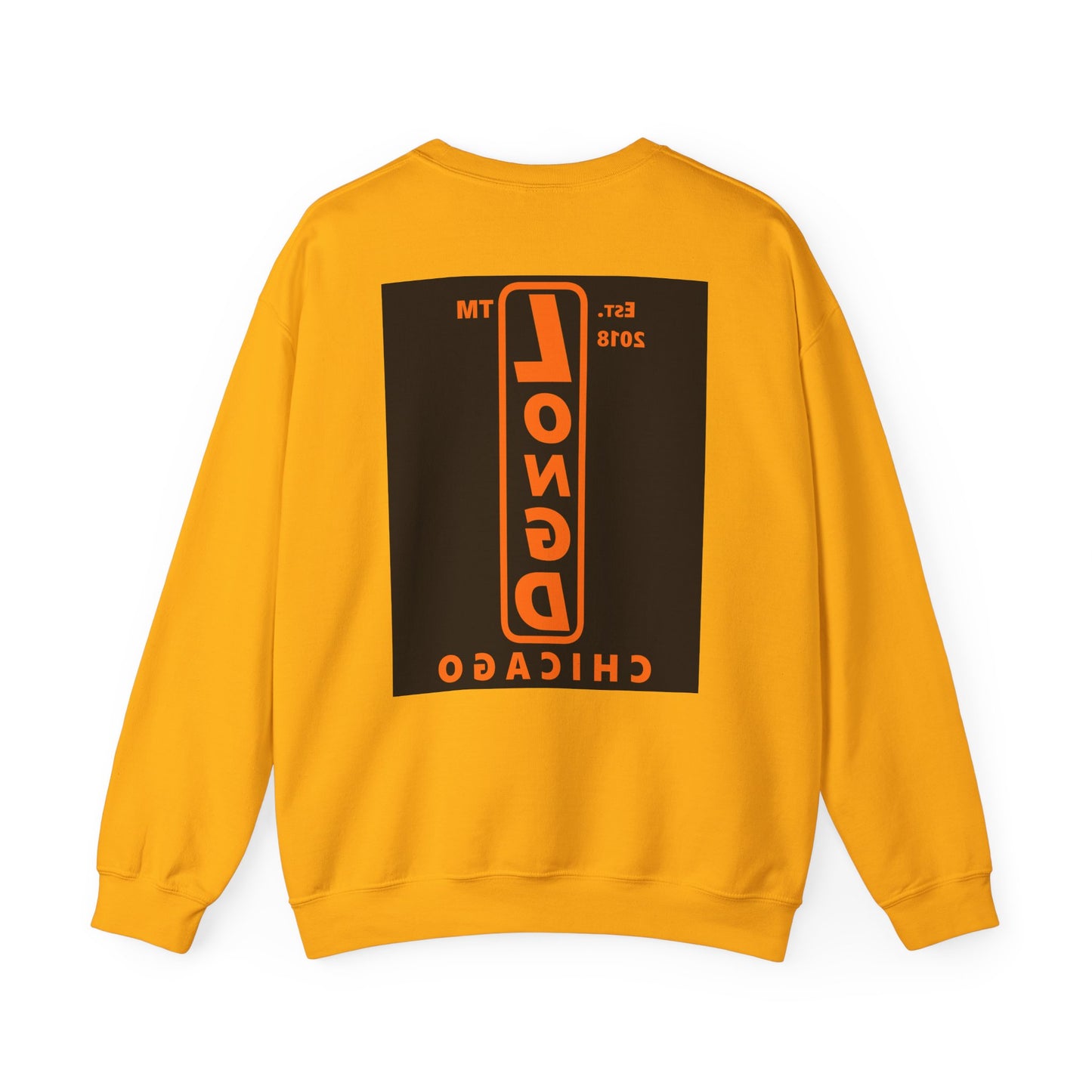 LongD Chicago upright front-back logo orange (FE7518) on Black (000000) crewneck sweatshirt
