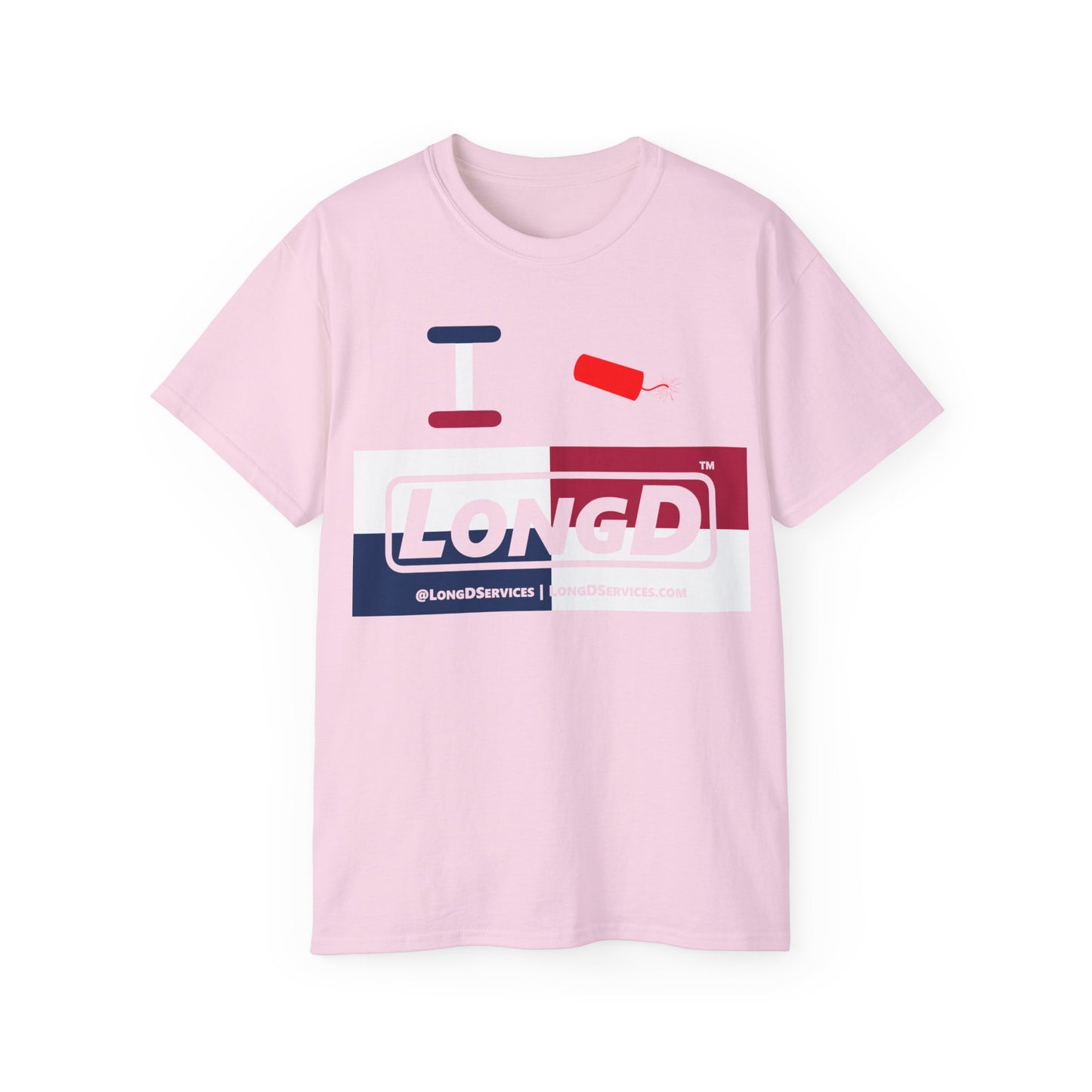 I Firecracker LongD® Logo Cotton Tee Red, White and Blue negative quarters text