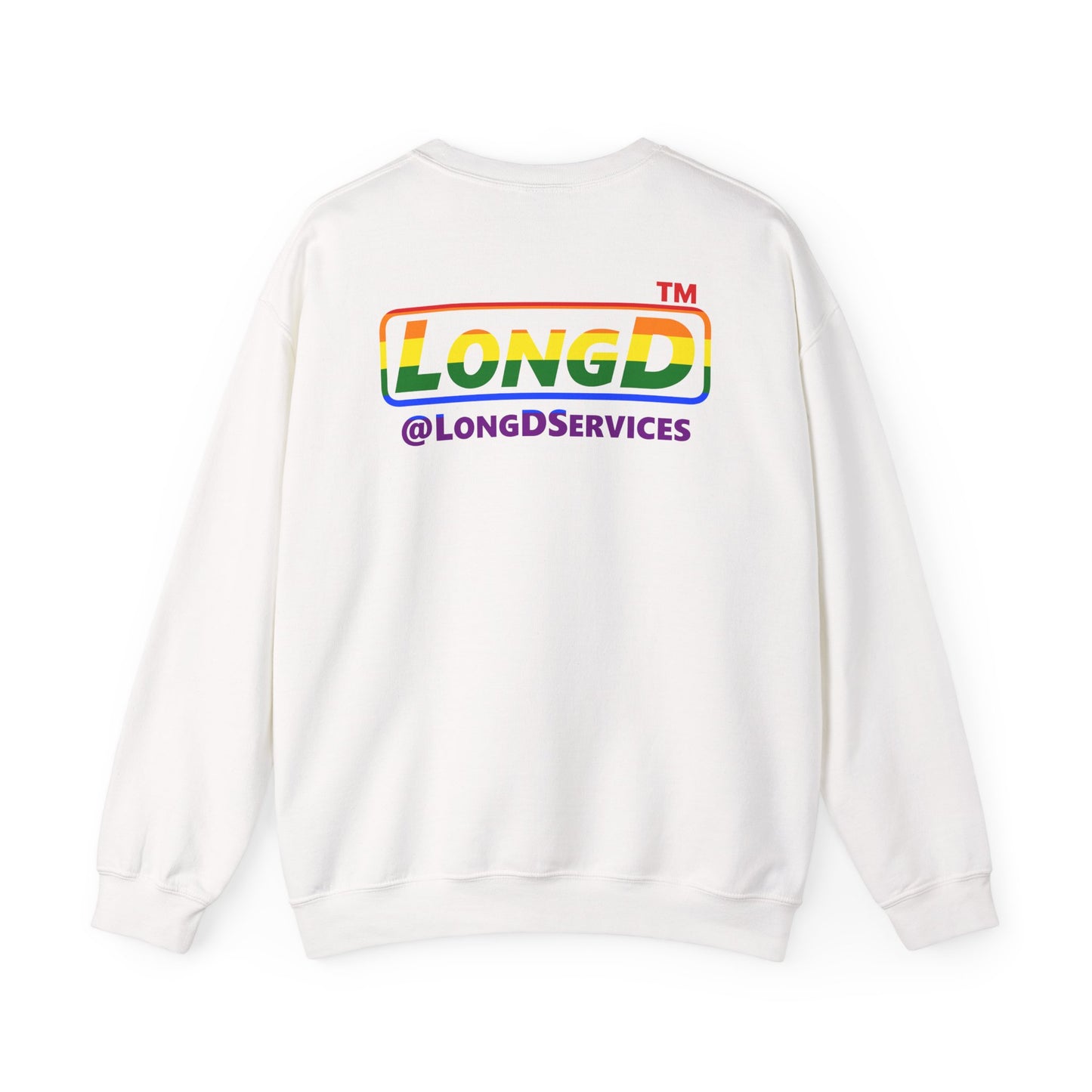 LongD positive horizontal striped front-back Hyde Park logo crewneck sweatshirt (Pride colors)
