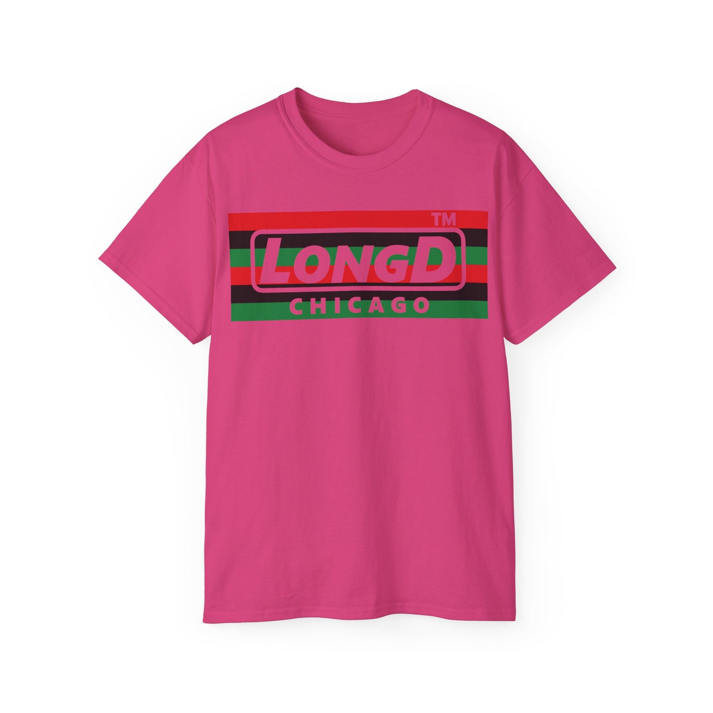 LongD negative horizontal 6-striped Chicago logo cotton tee (Juneteenth colors)