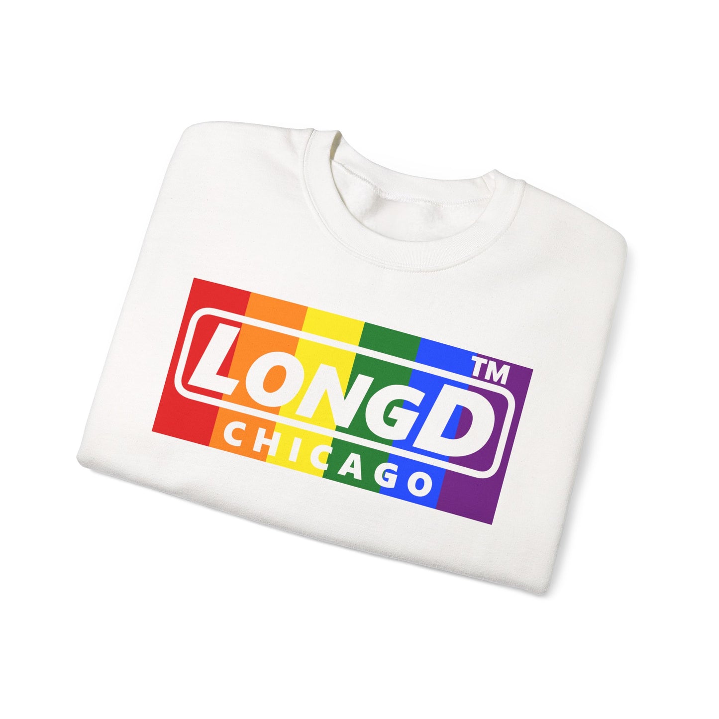 LongD negative vertical striped Chicago logo crewneck sweatshirt (Pride colors)