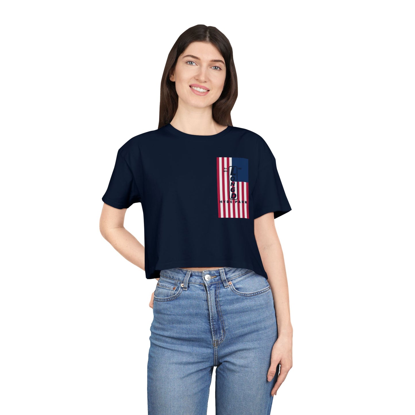 Negative flag upright single-breasted Hyde Park logo crop tee (Patriotic colors)