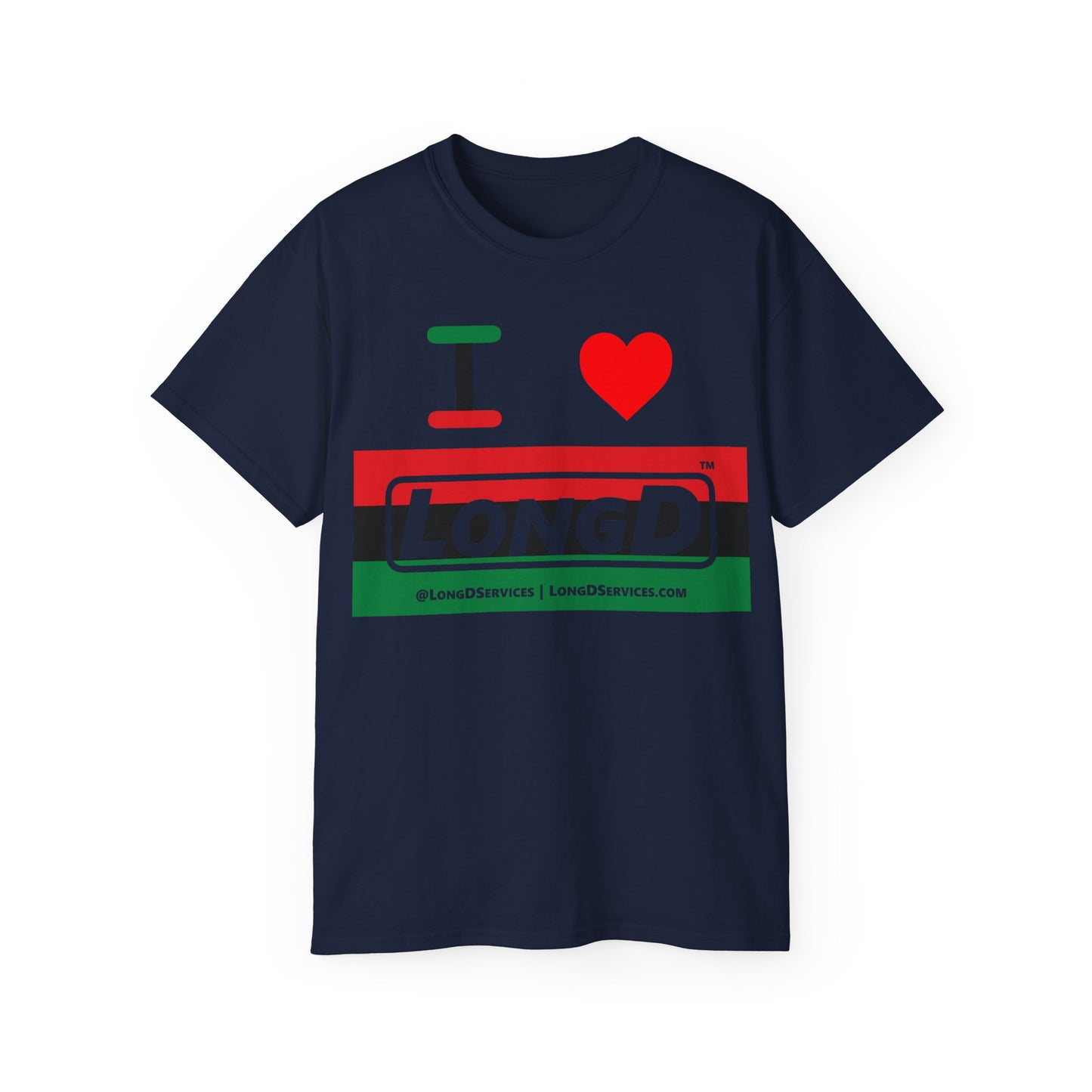 I Luv LongD® Logo Cotton Tee Juneteenth negative striped text