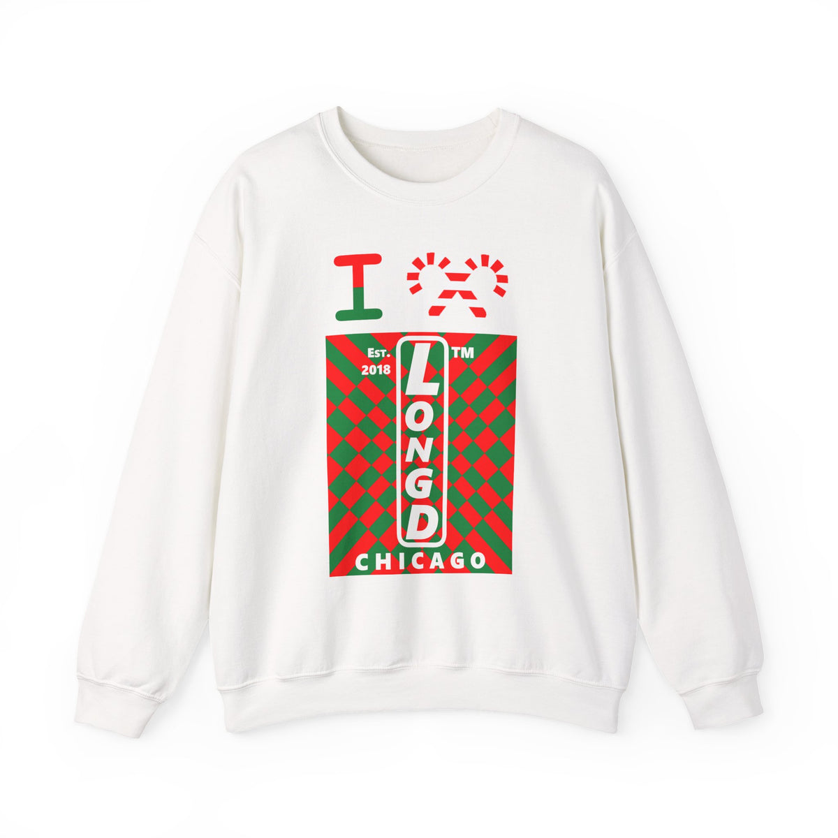 I candy cane LongD Chicago negative upright stylized argyle logo crewneck sweatshirt