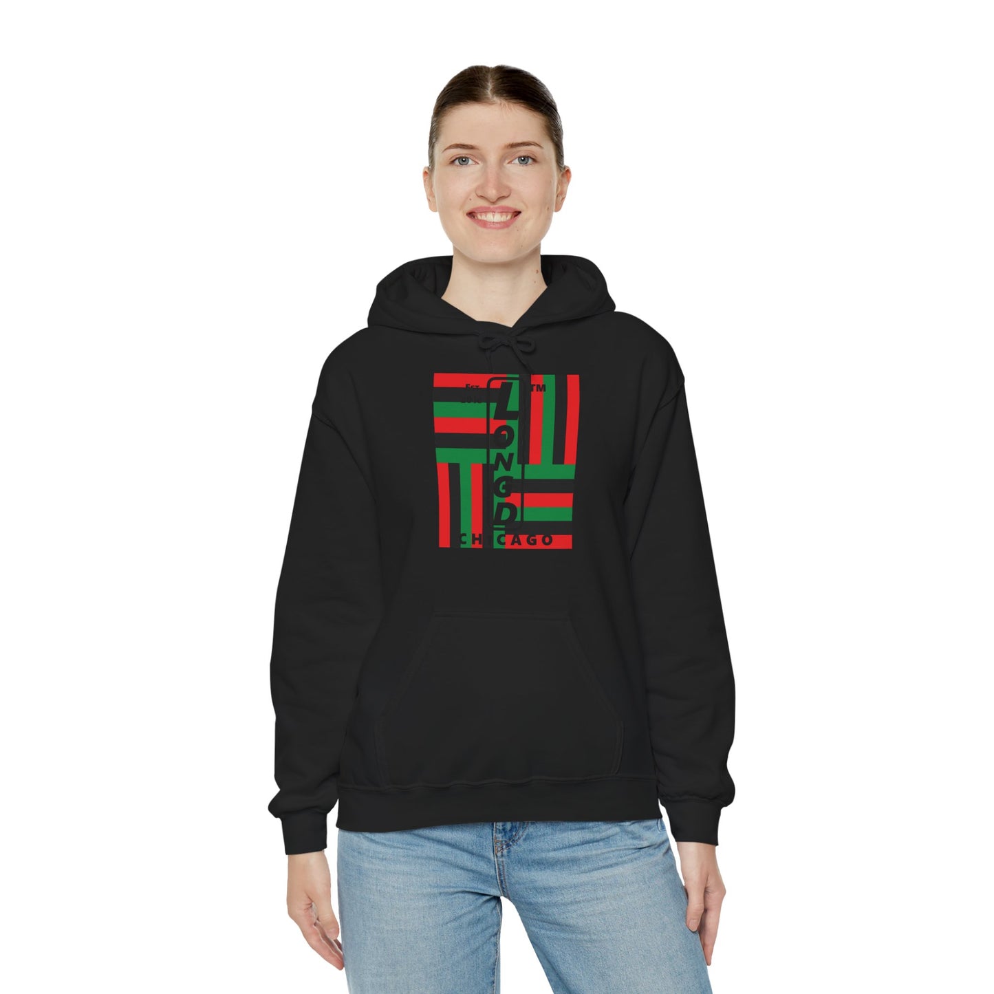 LongD® negative windmill upright Chicago logo hoodie (Juneteenth colors)