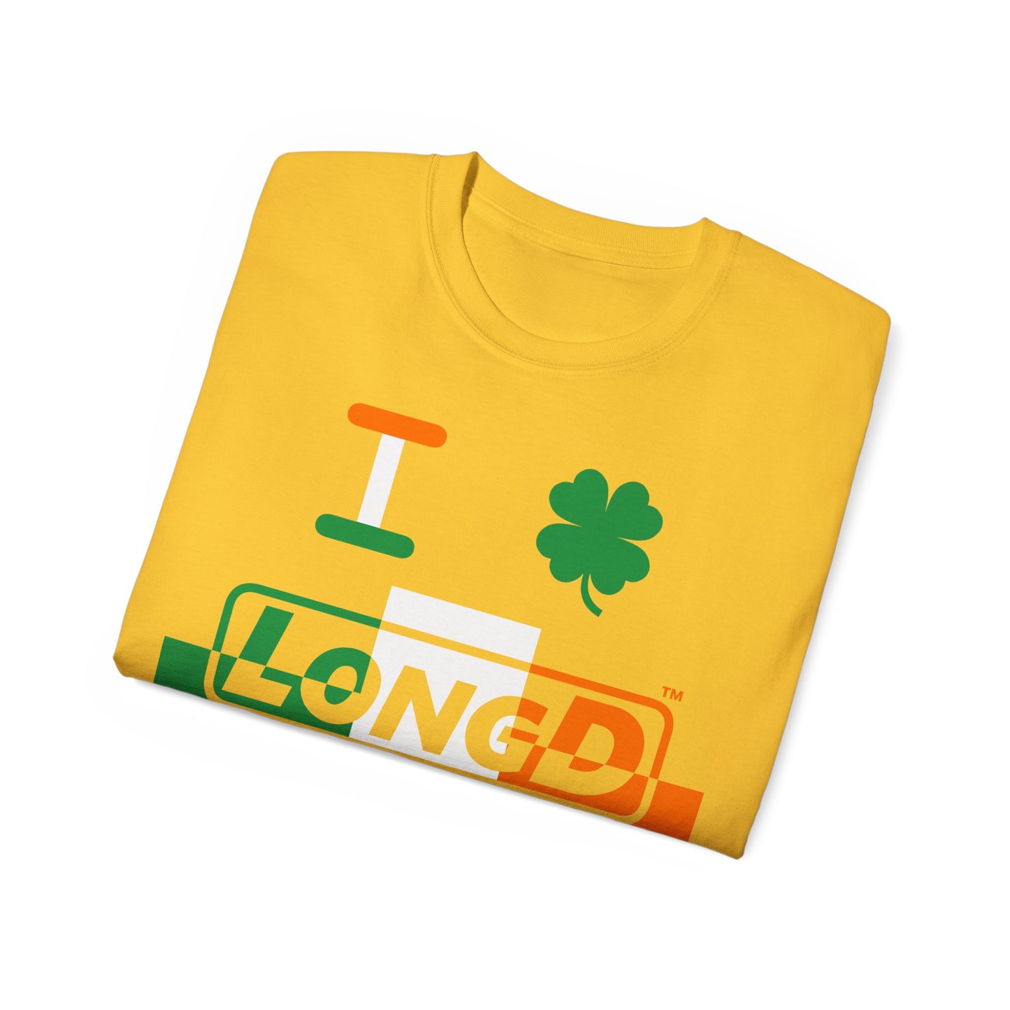 I Clover LongD® Logo Cotton Tee (St. Patrick's Day -Irish Green, White and Irish Orange thirds top-bottom outer positive-negative split with 4-leaf clover)