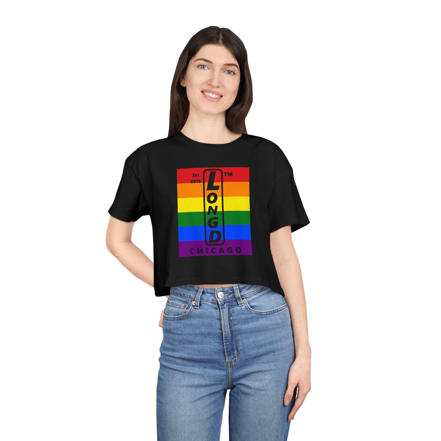 Mixed horizontal 6-striped upright front-back Chicago logo crop tee (Pride colors)