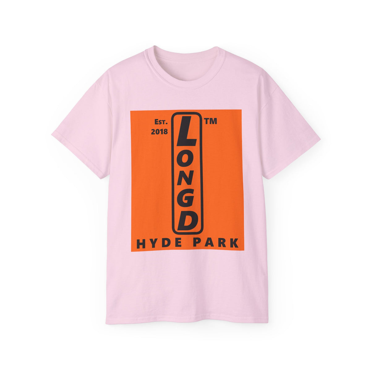 LongD Hyde Park upright logo Black (000000) on orange (FE7518) (Halloween colors) cotton tee