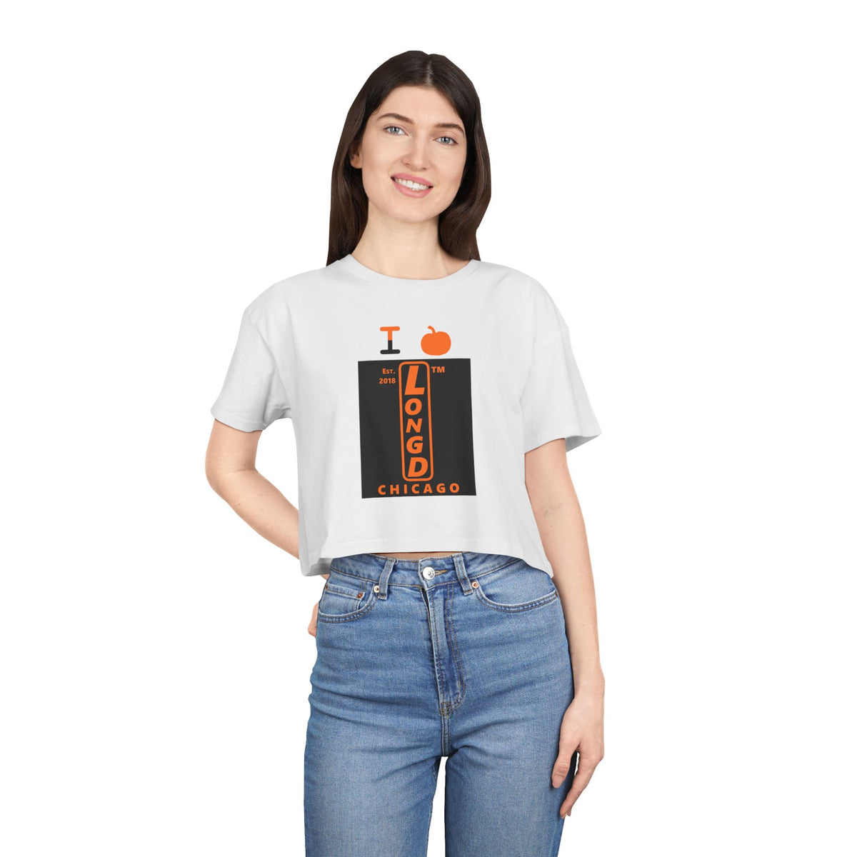 I pumpkin LongD Chicago upright logo positive orange on negative black crop tee