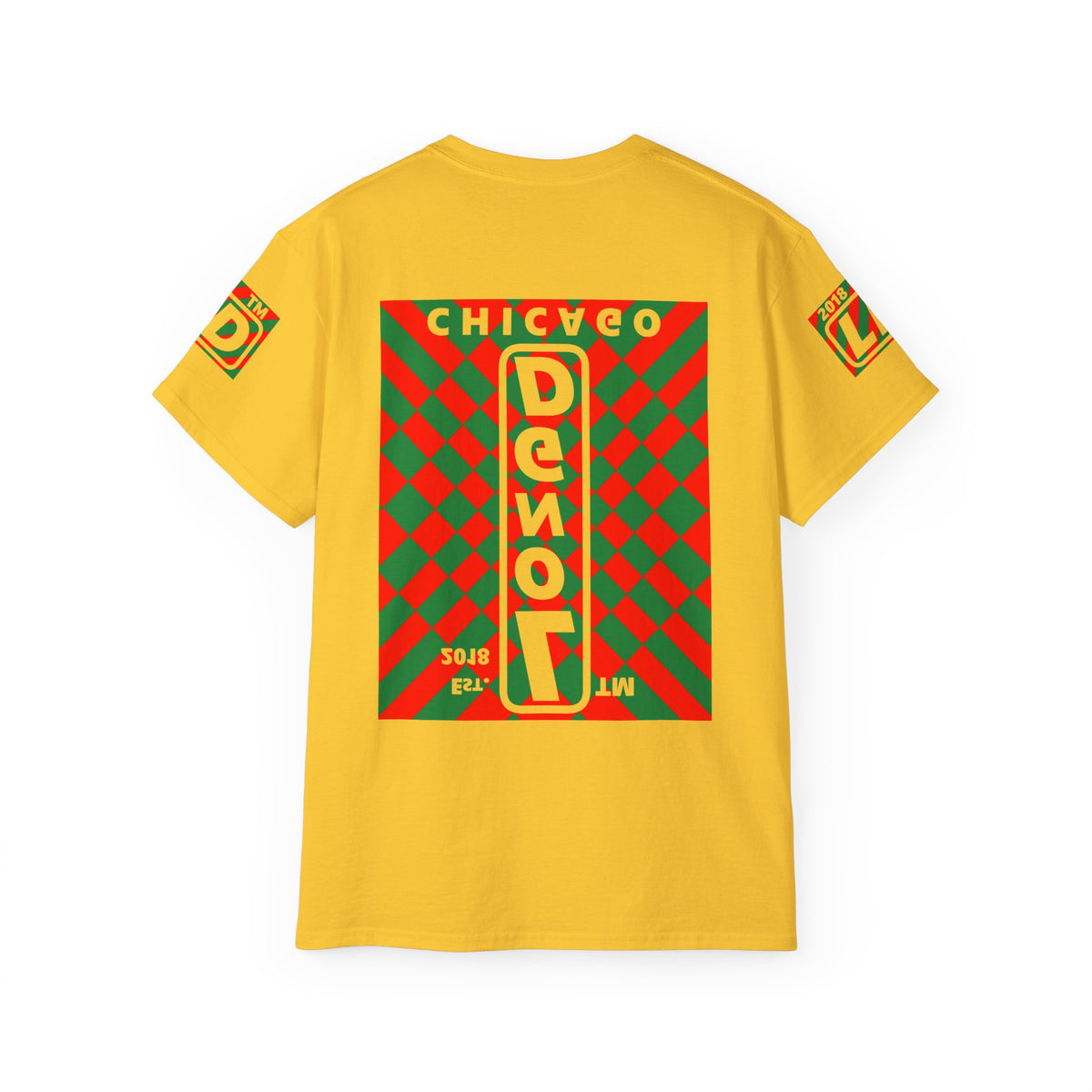 LongD Chicago negative upright stylized argyle 4-print logo (Xmas colors) cotton tee