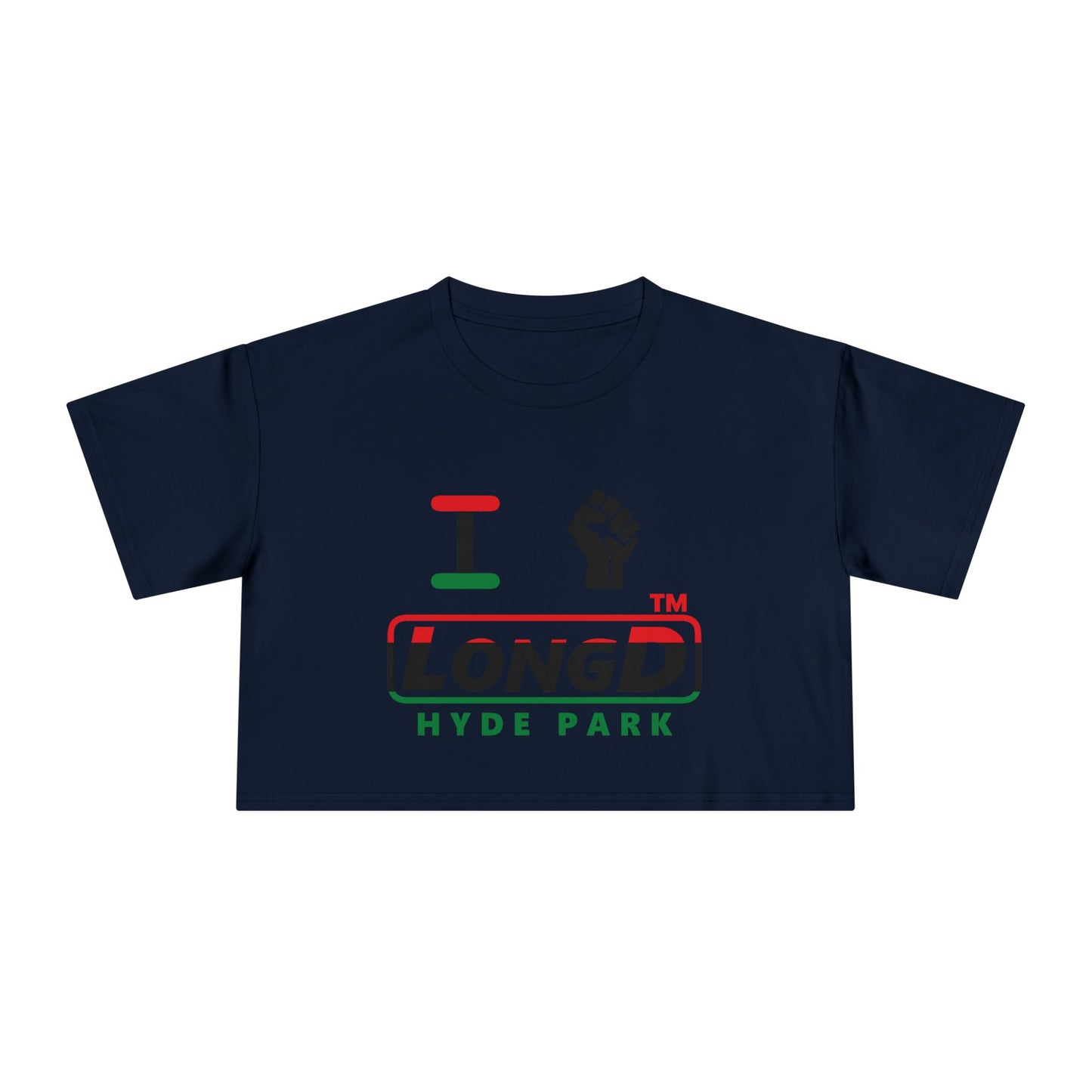 I fist LongD positive horizontal 3-striped Hyde Park logo crop tee