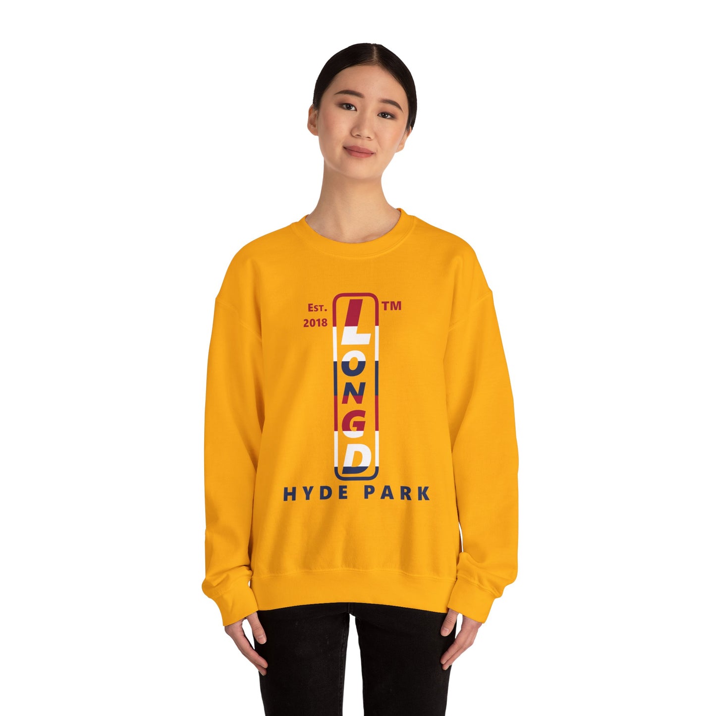 LongD positive horizontal 6-striped Hyde Park upright logo crewneck sweatshirt (patriotic colors)