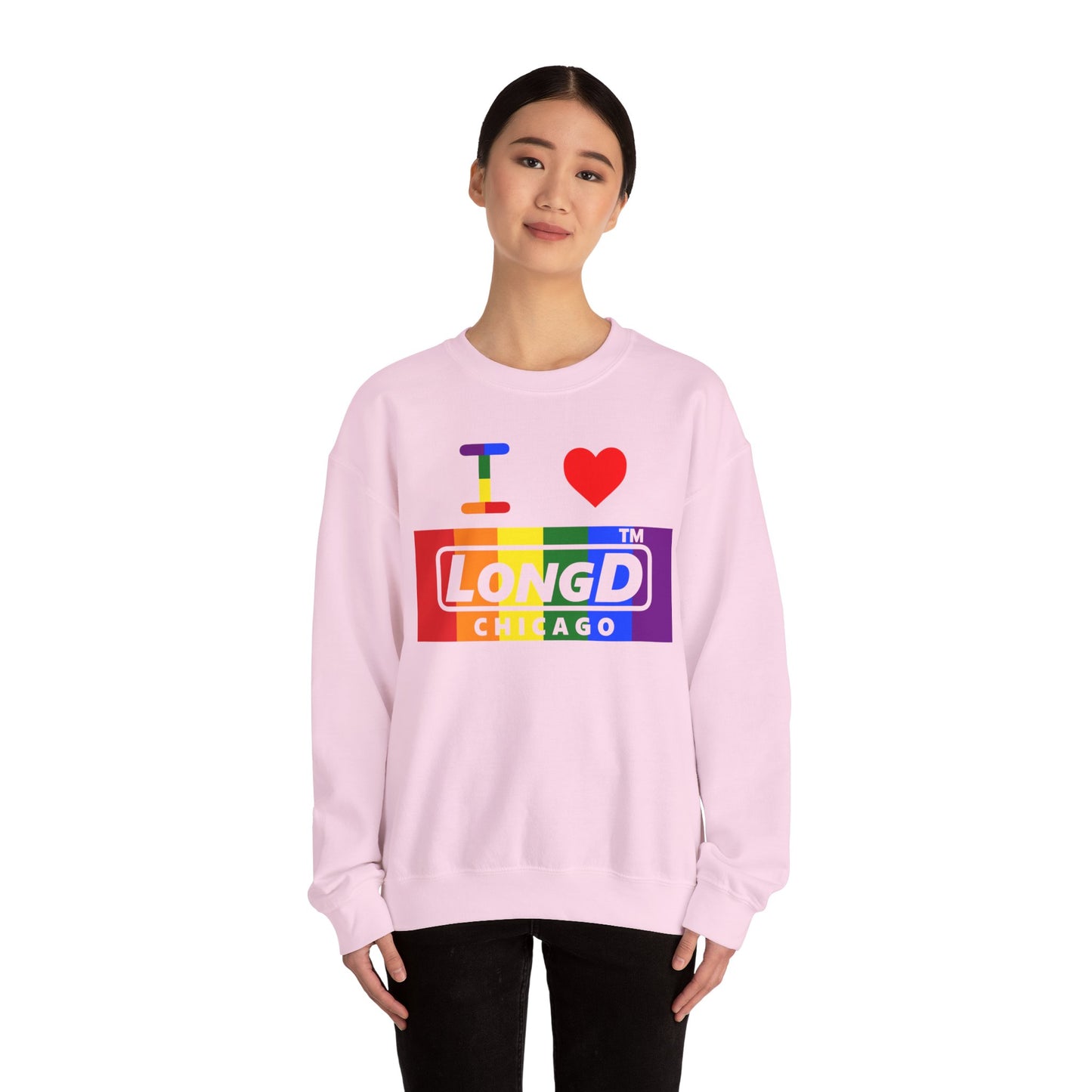 I Luv LongD negative vertical striped Chicago logo crewneck sweatshirt (Pride colors)