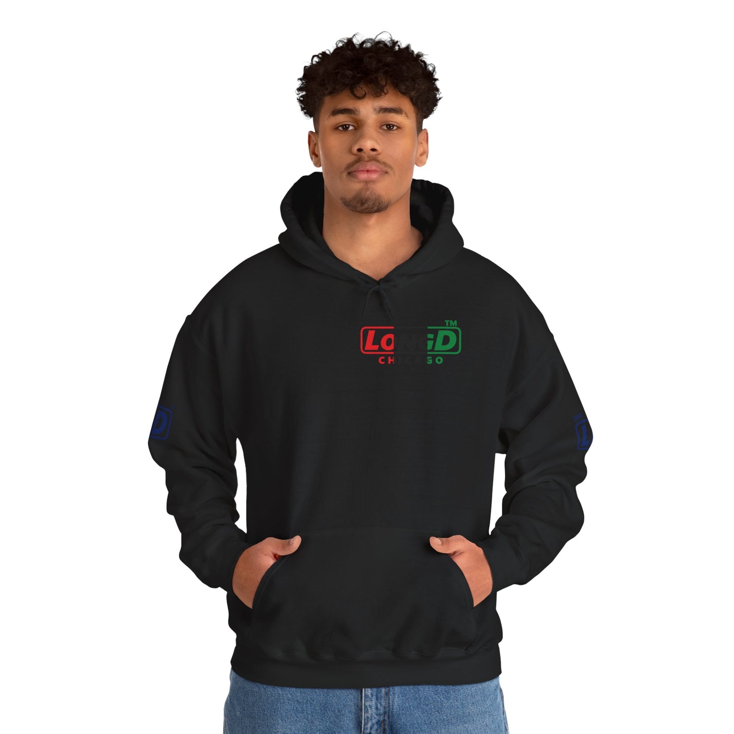 LongD® positive vertical 3-striped 4-print single-breasted Chicago logo Hoodie (Juneteenth colors)