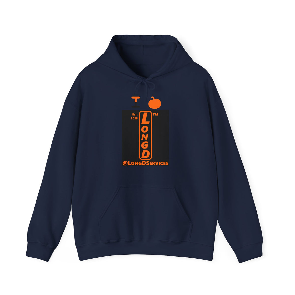 I pumpkin LongD Tag upright logo positive orange on negative black hoodie