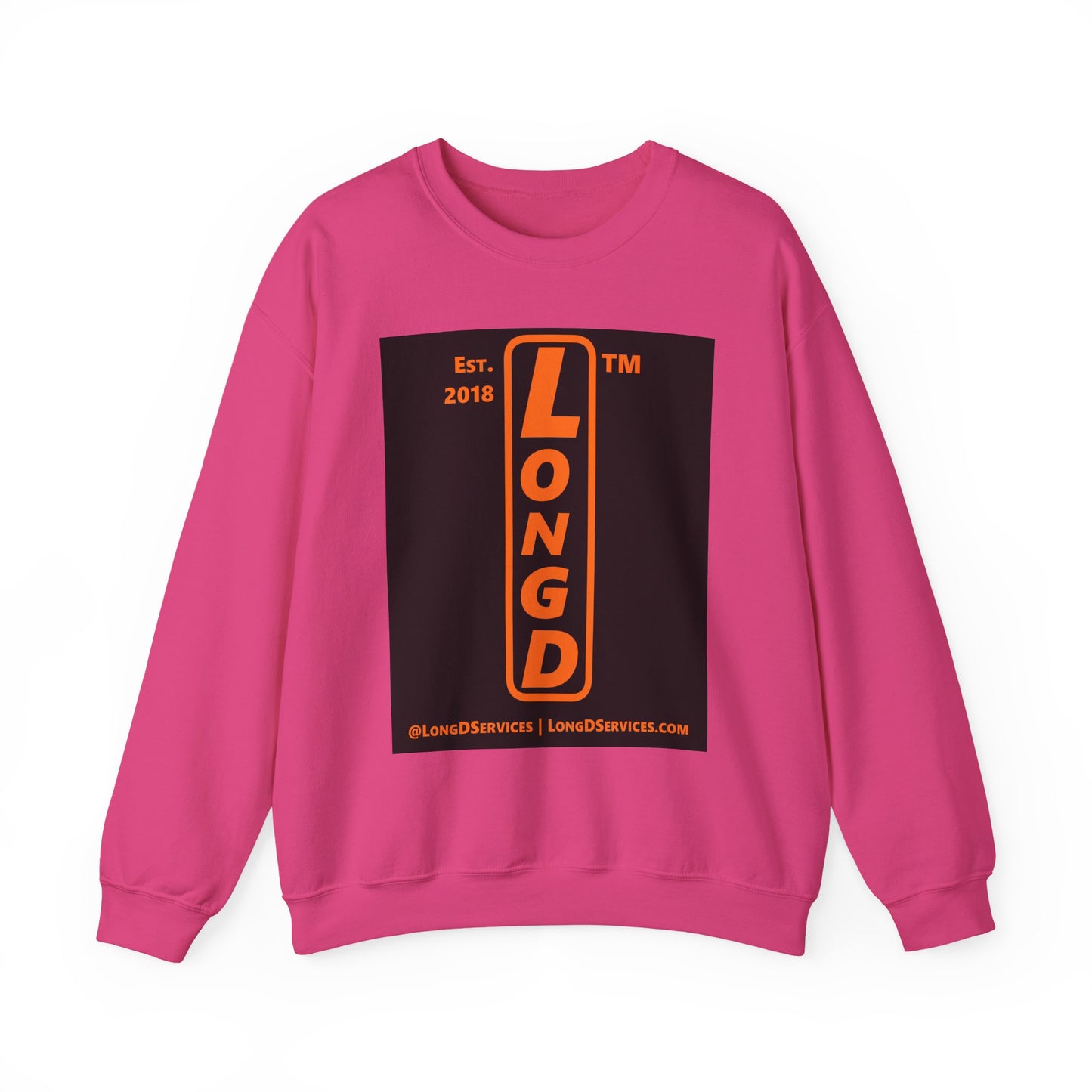 LongD Tag-domain upright front-back logo orange (FE7518) on Black (000000) crewneck sweatshirt