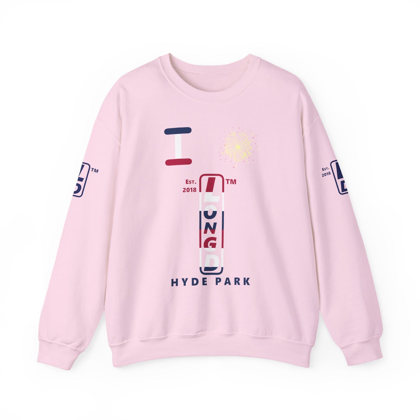 I Burst LongD positive horizontal 6-striped Hyde Park upright 4-print logo crewneck sweatshirt